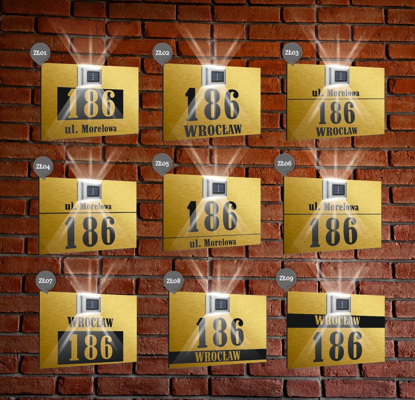 ZŁOTA TABLICZKA ADRESOWA nierdzewna dibond z lampką numer domu 40x30