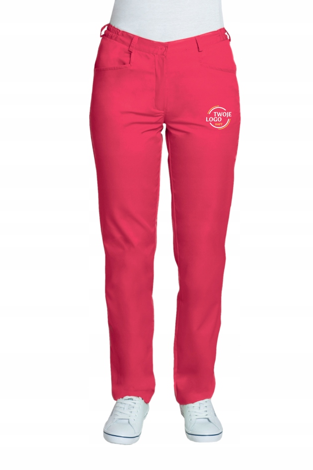 Spodnie medyczne damskie na pasku kosmetyczne z HAFTOWANYM z LOGO