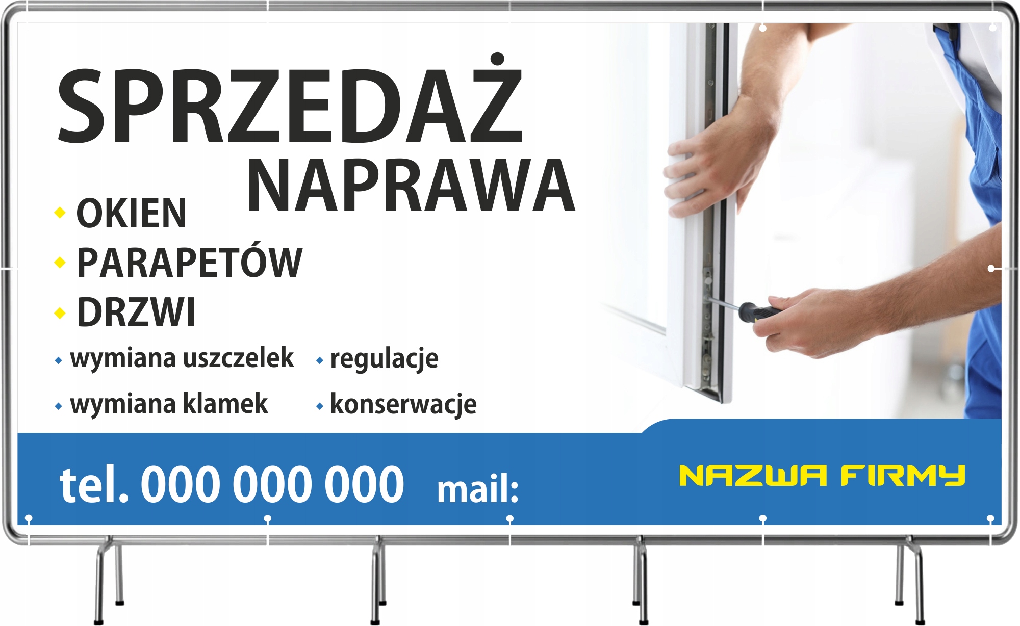 BANER REKLAMOWY na siatce mesh 200x100 cm gotowy projekt NAPRAWA OKIEN