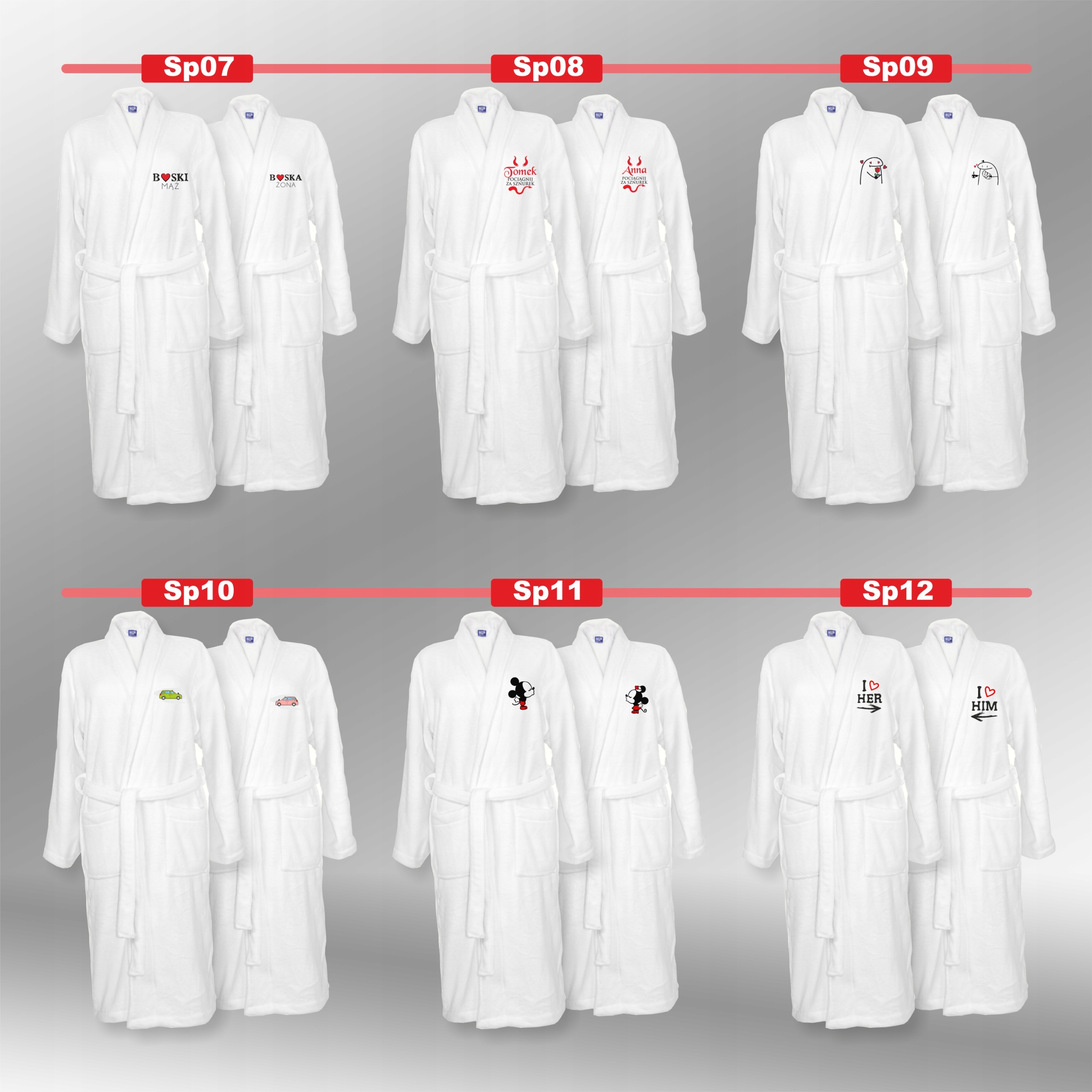 SZLAFROKI BIAŁE Z HAFTEM 2 szt unisex PREZENT personalizowany dużo wzorów