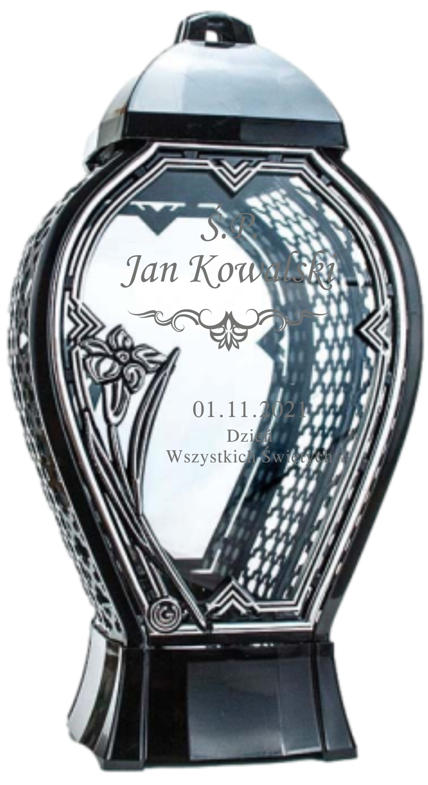 Latarenka nagrobna z imieniem i datą nowoczesny znicz wszystkich świętych