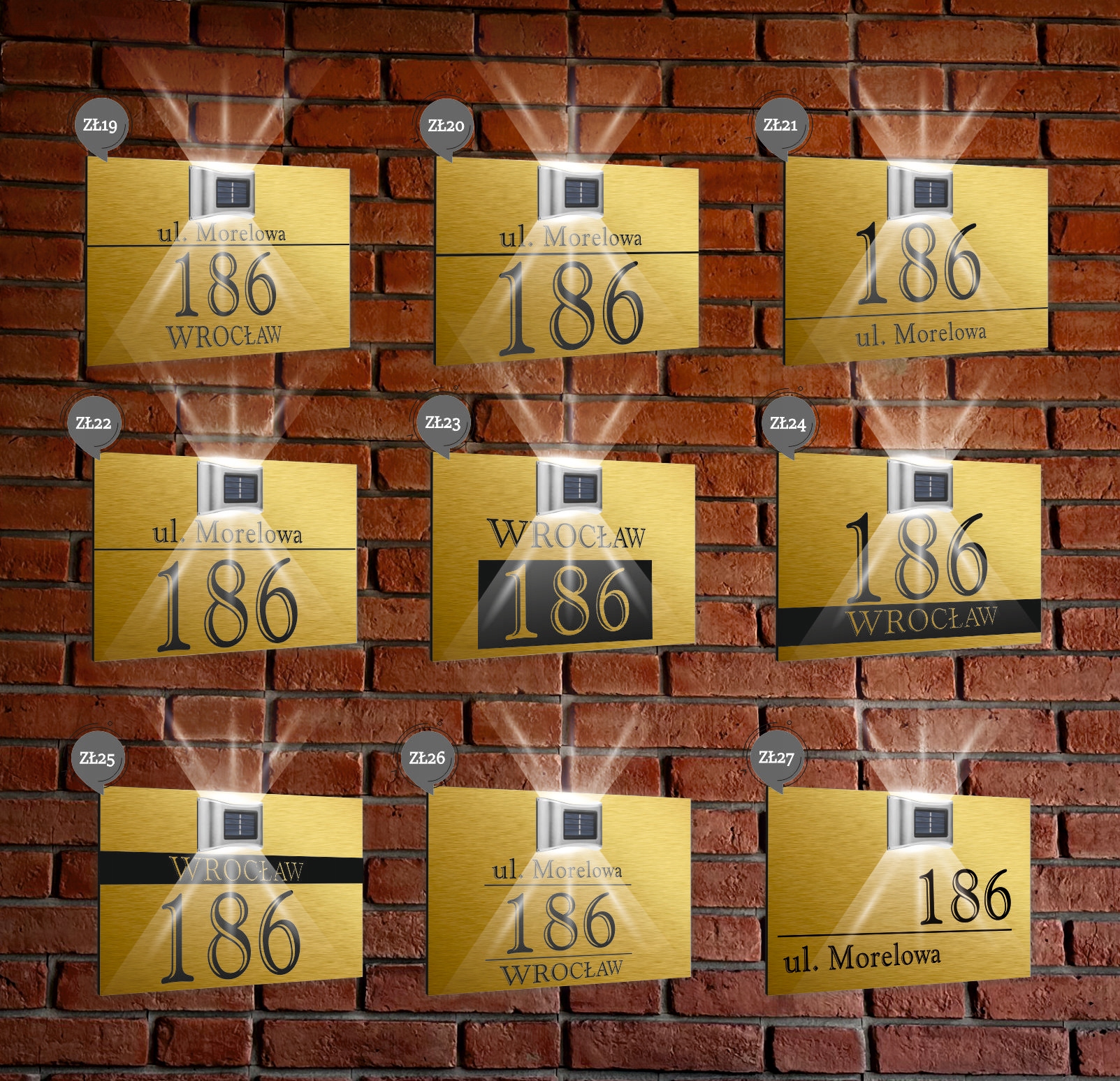 ZŁOTA TABLICZKA ADRESOWA nierdzewna dibond z lampką numer domu 40x30