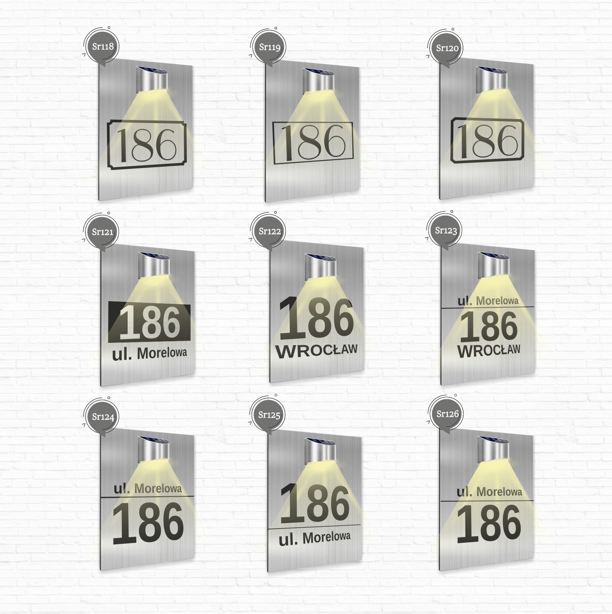 Tabliczka adresowa dibond srebrny numer i adres lampka solarna 30x20 cm