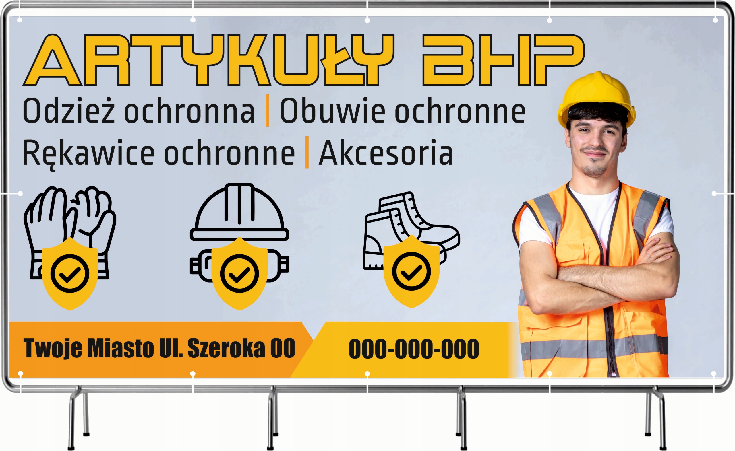 BANER REKLAMOWY 100x50cm projekt w cenie oczkowany ARTYKUŁY BHP