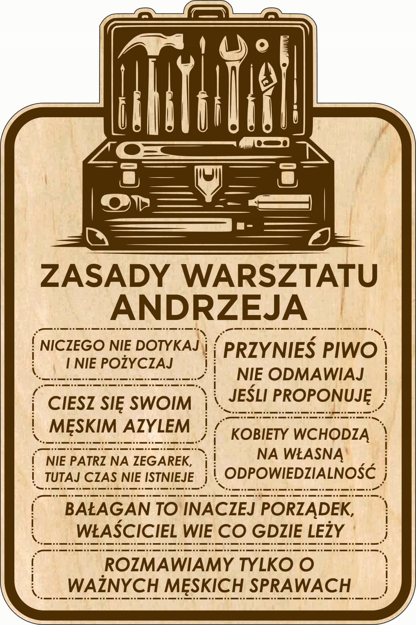 TABLICA ZASADY GARAŻU drewniana GRAWER prezent na dzień chłopaka + IMIĘ