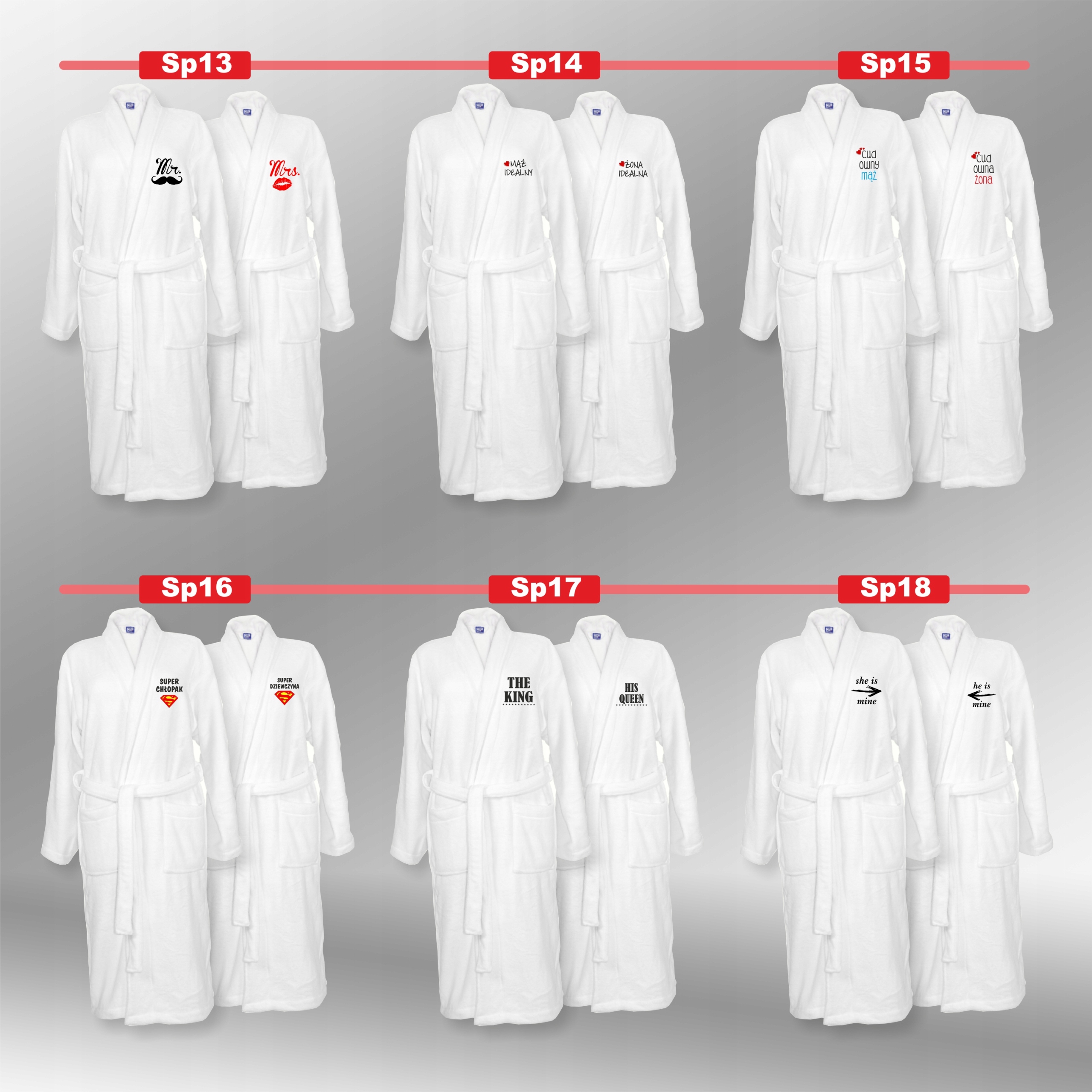 SZLAFROKI BIAŁE Z HAFTEM 2 szt unisex PREZENT personalizowany dużo wzorów