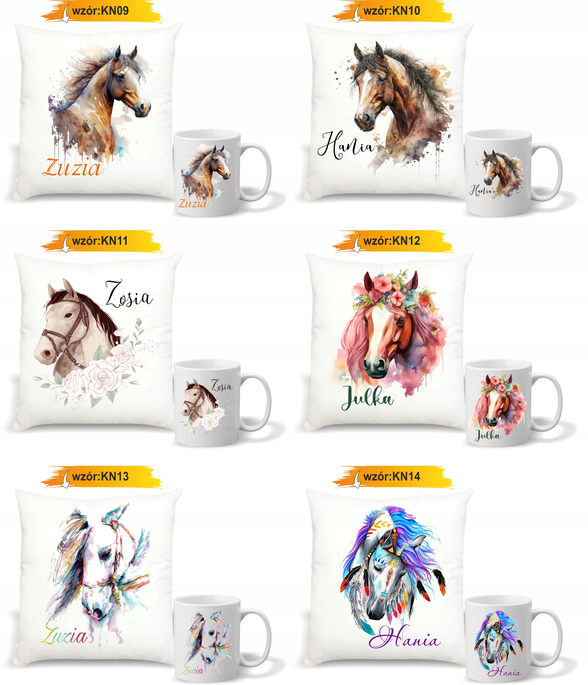 Zestaw PODUSZKA + KUBEK KONIE KOŃ IMIĘ PREZENT z napisem dedykacją imię