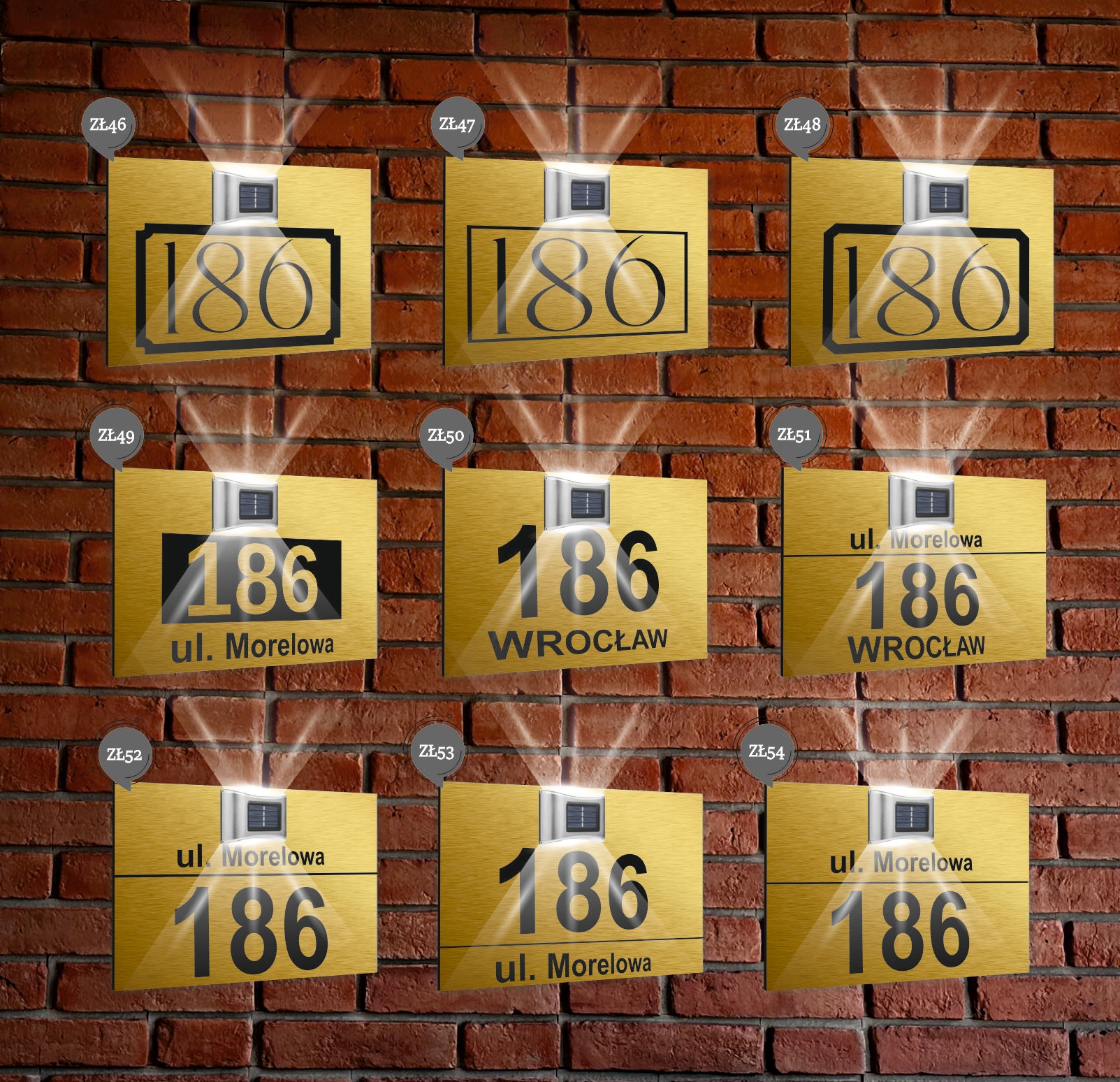 ZŁOTA TABLICZKA ADRESOWA nierdzewna dibond z lampką numer domu 40x30