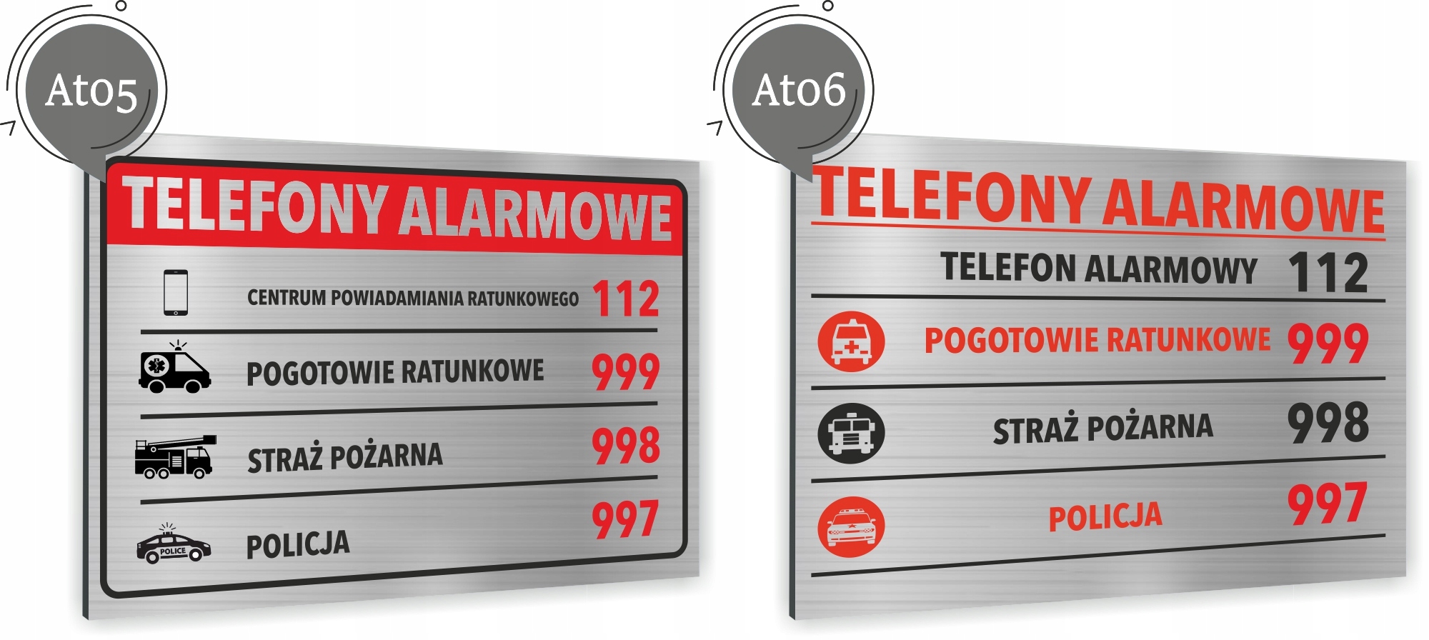 Tabliczka Telefony Alarmowe 20x15 Tablica informacyjna nierdzewna ALUMINIUM