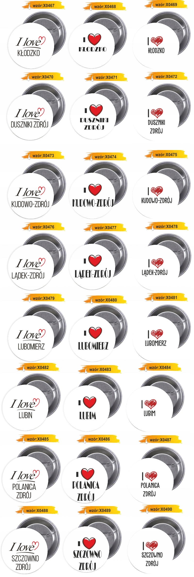 Przypinki buttony I LOVE USTROŃ z grafiką