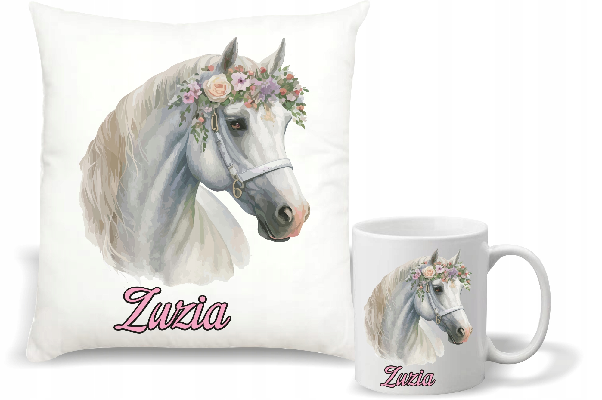 Zestaw PODUSZKA + KUBEK KONIE KOŃ IMIĘ PREZENT z napisem dedykacją imię