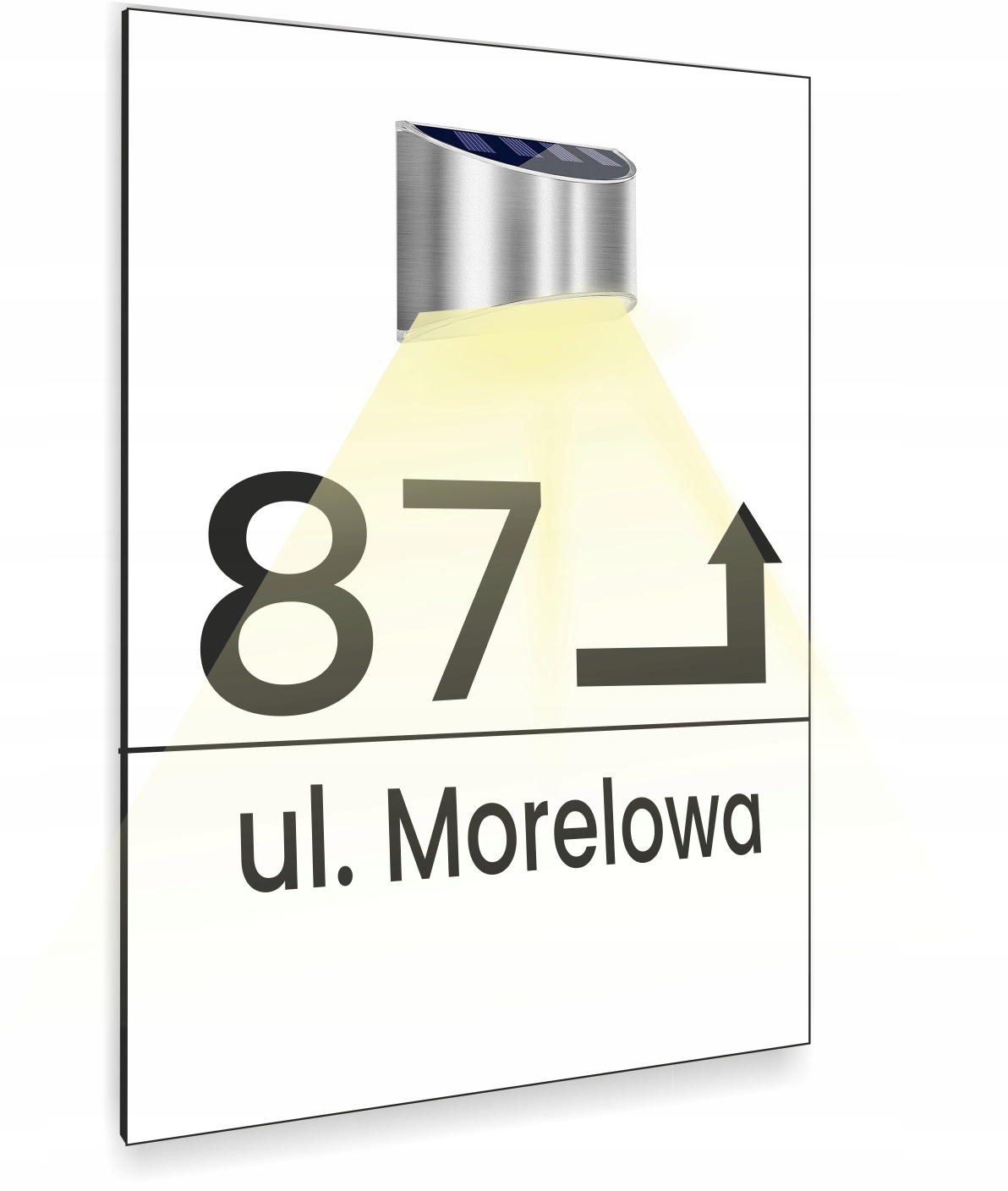 biała TABLICZKA podświetlana ADRESOWA ze strzałką nierdzewna dibond 30x20