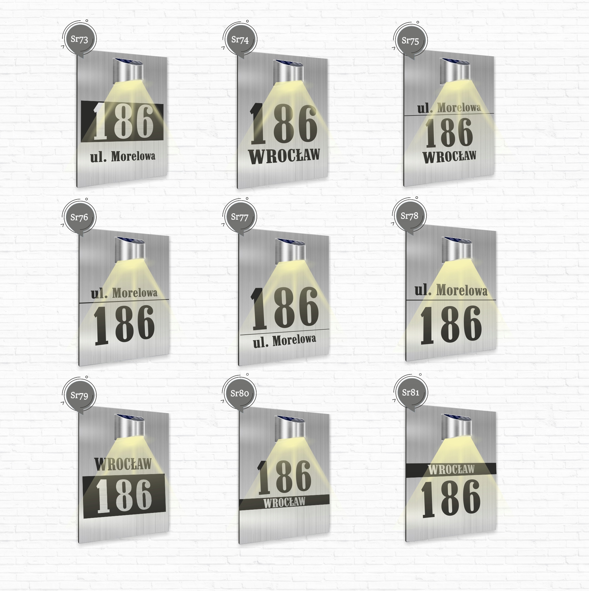 duża TABLICZKA ADRESOWA dibond srebrna adres strzałka 40x30 lampka solarna