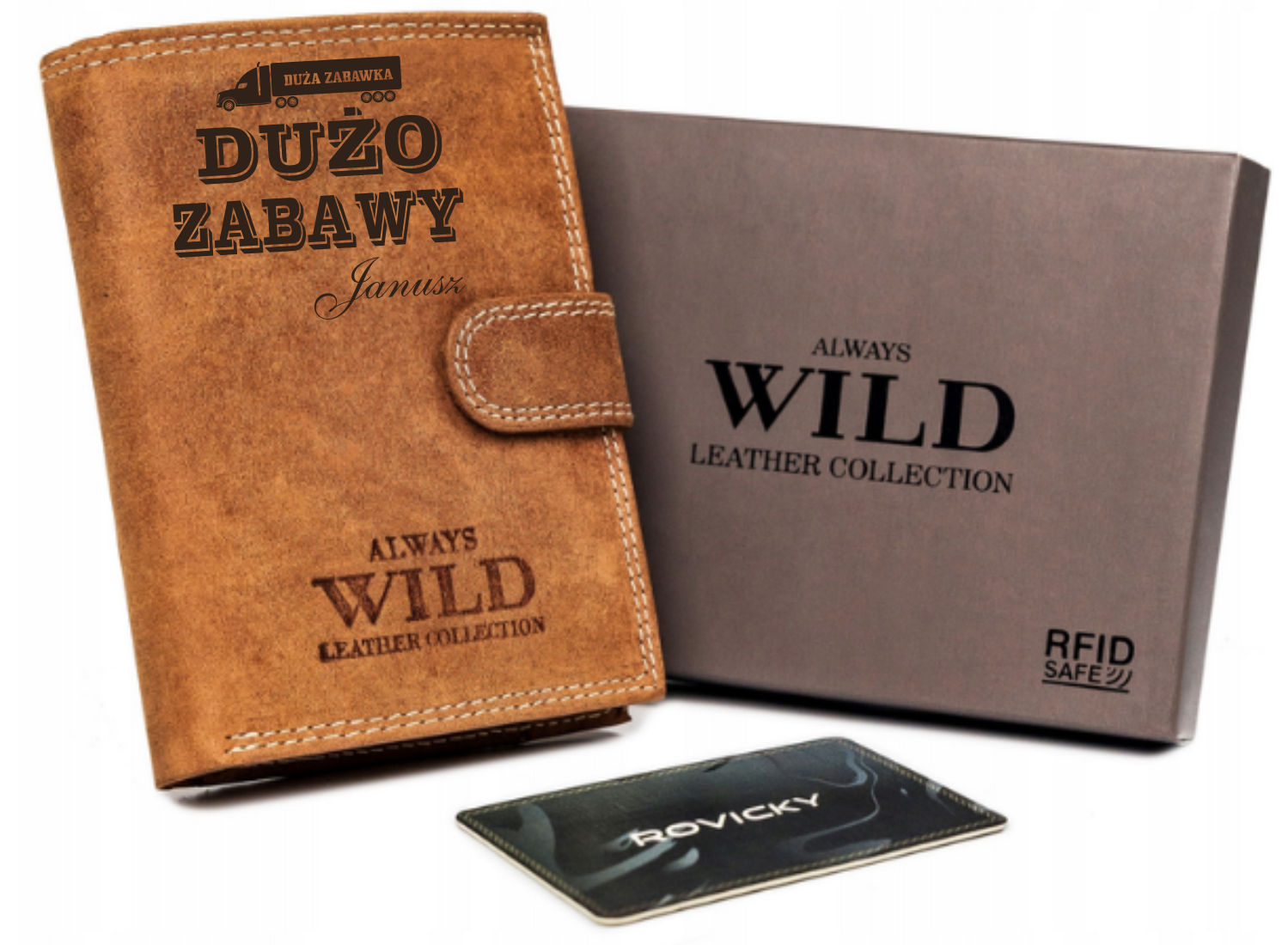 Portfel grawer w pudełku śmieszny napis TWÓJ TEKST