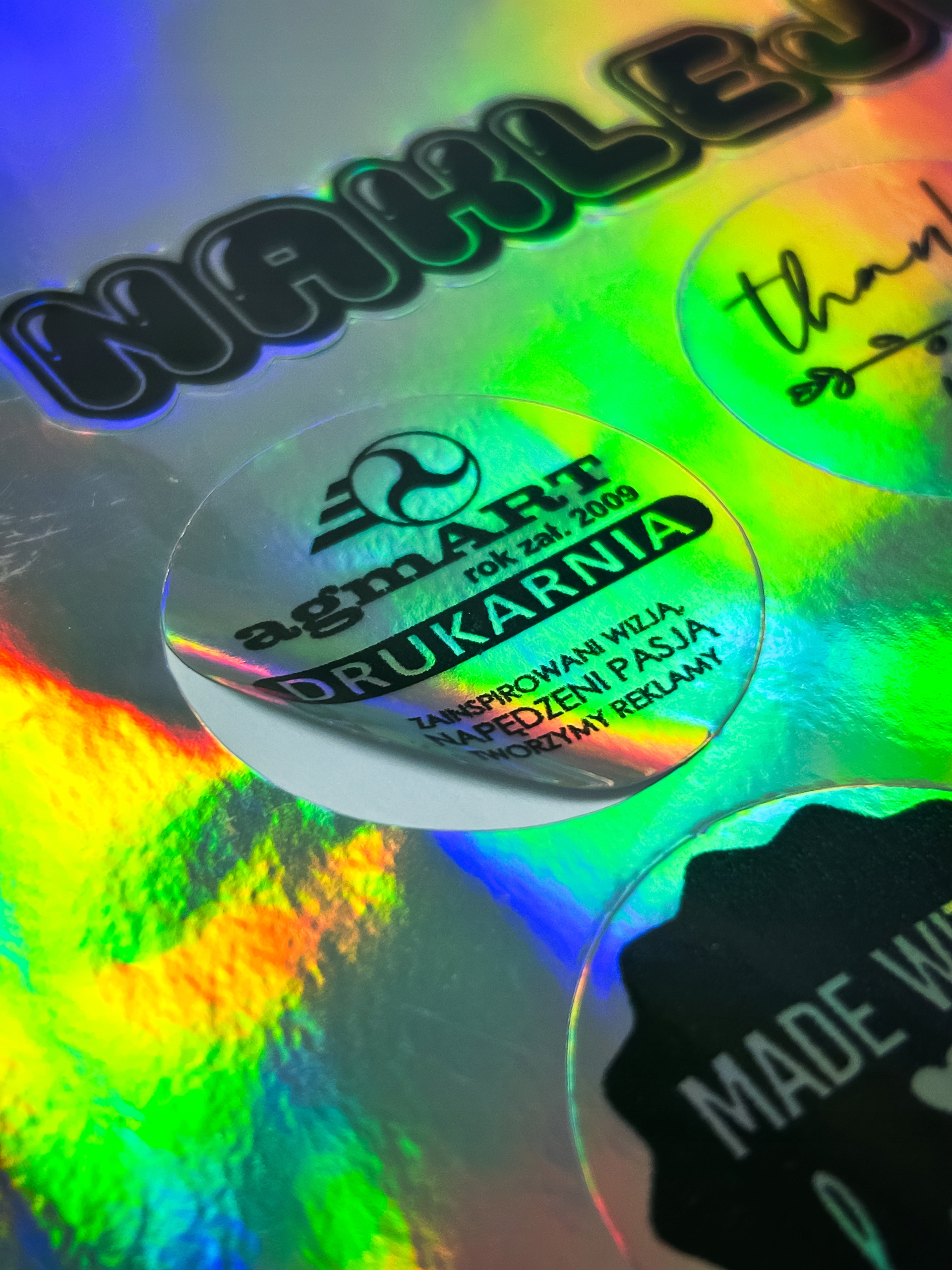 Naklejki samoprzylepne HOLOGRAFICZNE HOLO z twoim LOGO grafiką 100 szt 9 cm