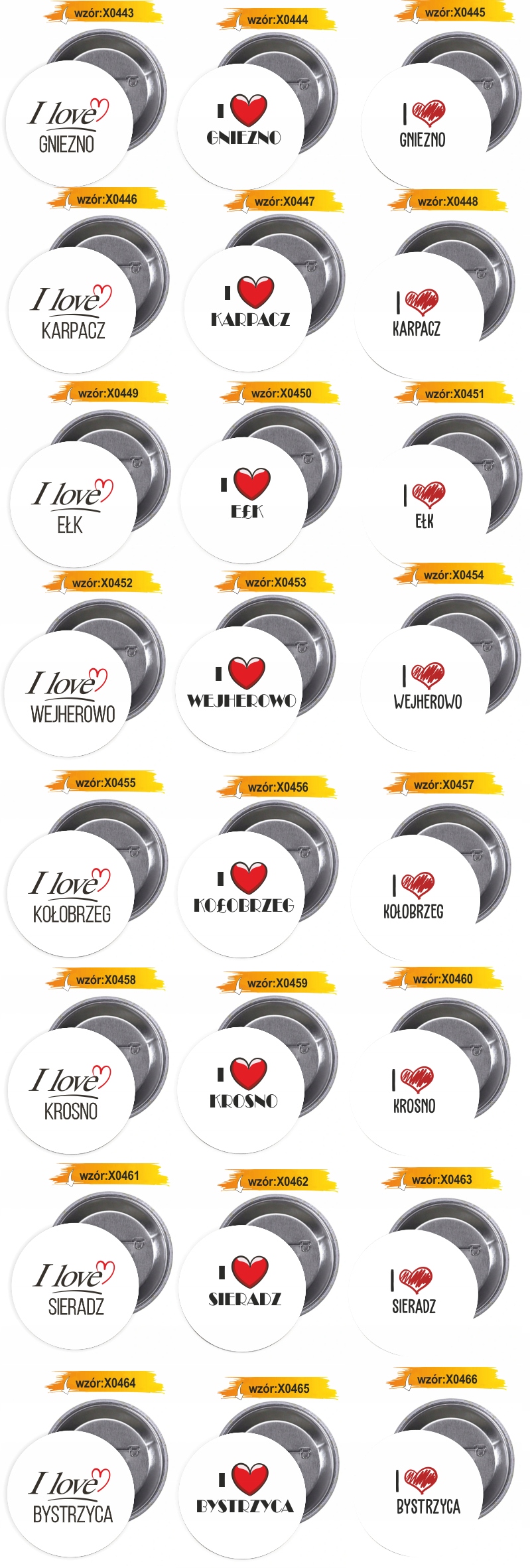 Przypinki buttony I LOVE KOSZALIN z grafiką HIT