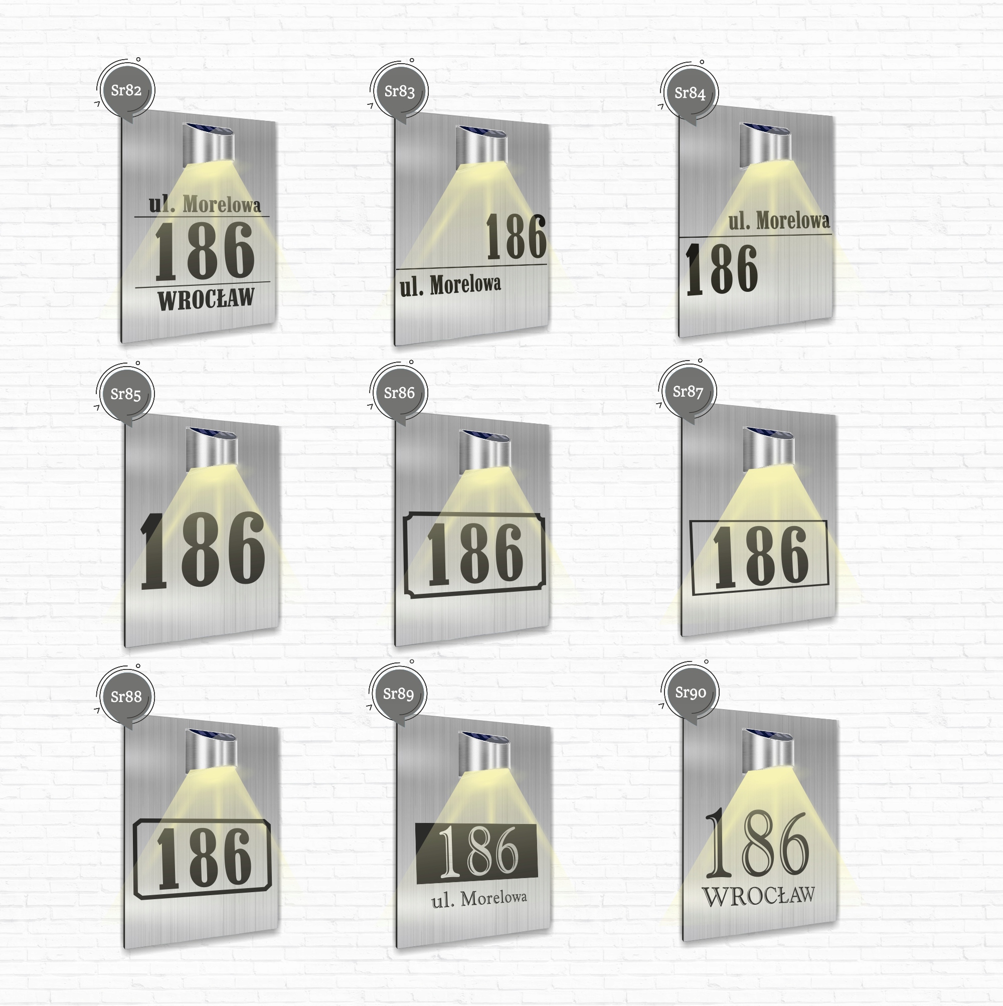 duża TABLICZKA ADRESOWA dibond srebrna adres strzałka 40x30 lampka solarna