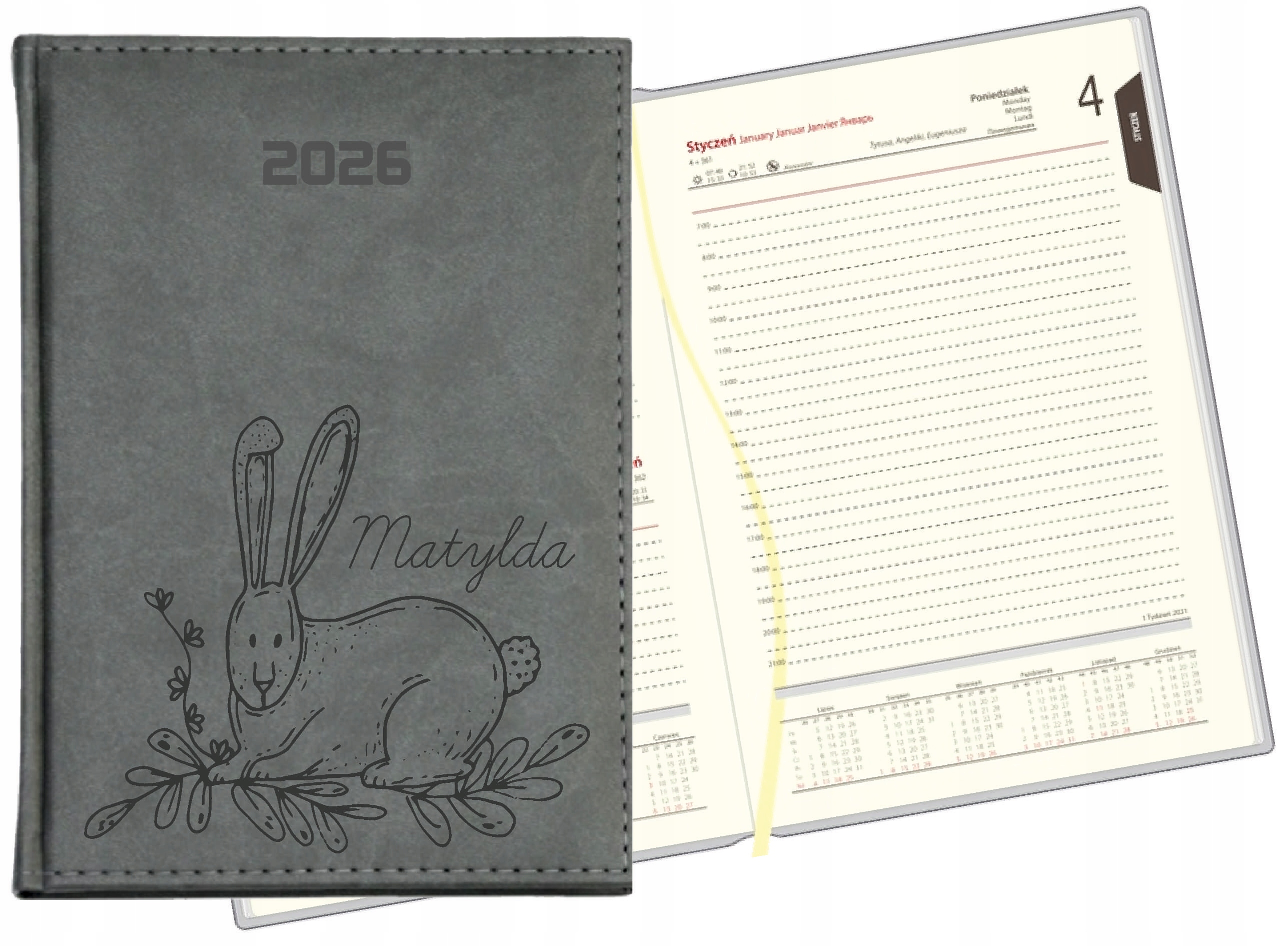 Stylowy kalendarz twoje imię napis książkowy A5 2026 grawer terminarz