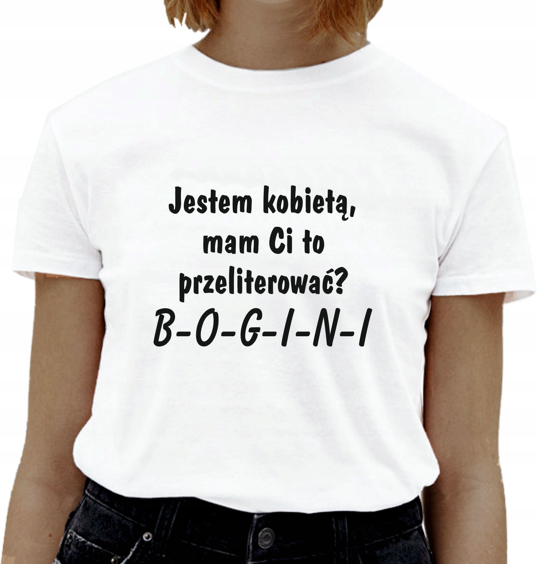 KOSZULKA damska biała z NADRUKIEM napisem rozmiar XL JESTEM KOBIETĄ BOGINI
