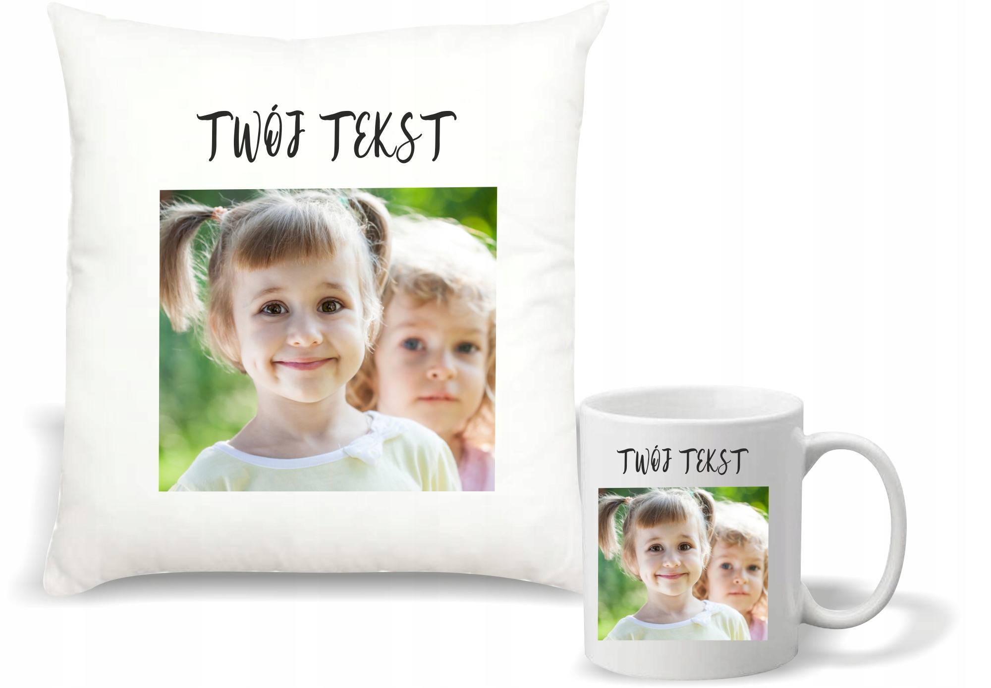 Zestaw PODUSZKA i KUBEK PERSONALIZOWANY nadruk ZDJĘCIE napis tekst imię
