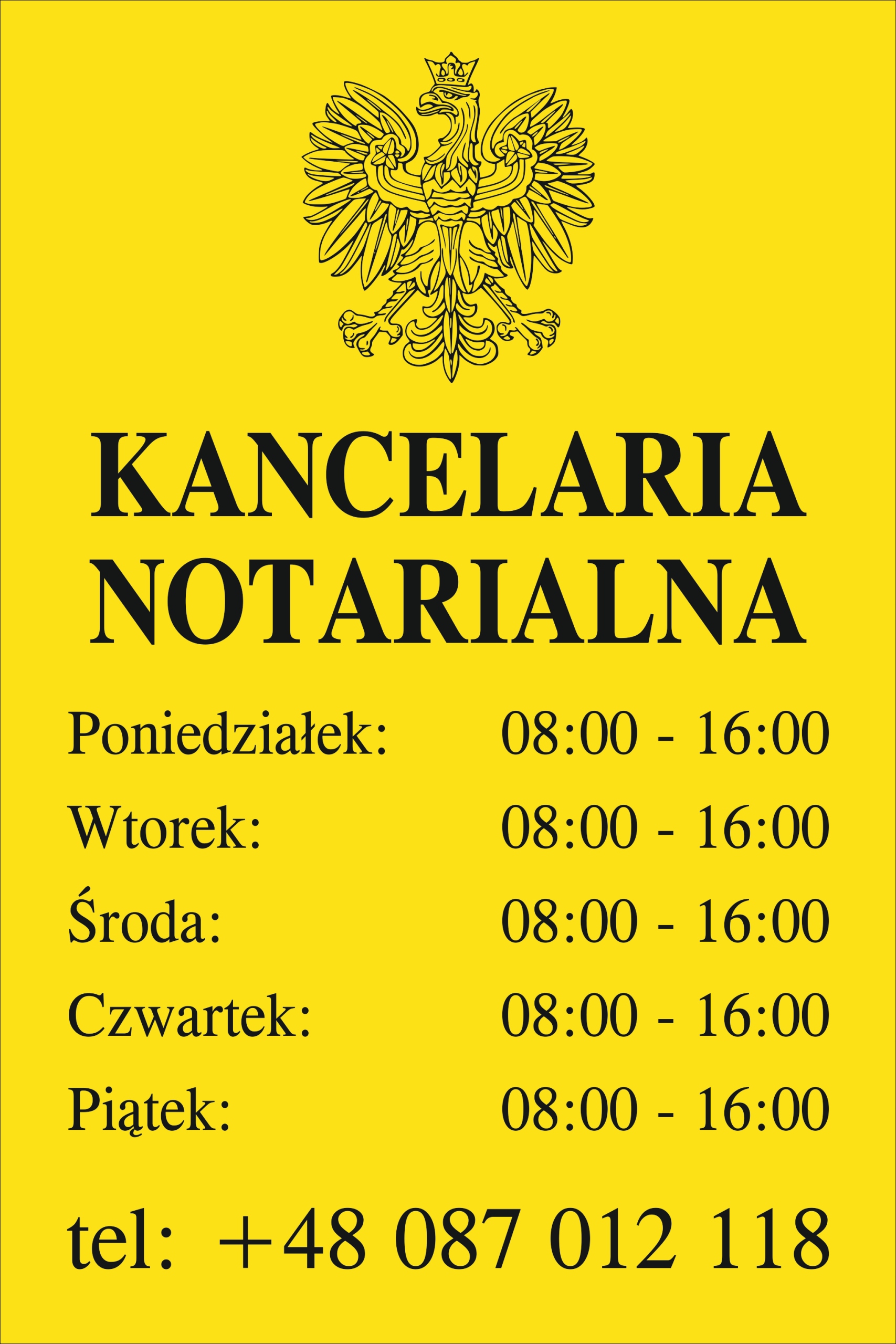 Tabliczka Grawerowana Kancelaria Notarialna godziny otwarcia ŻÓŁTA 40x30