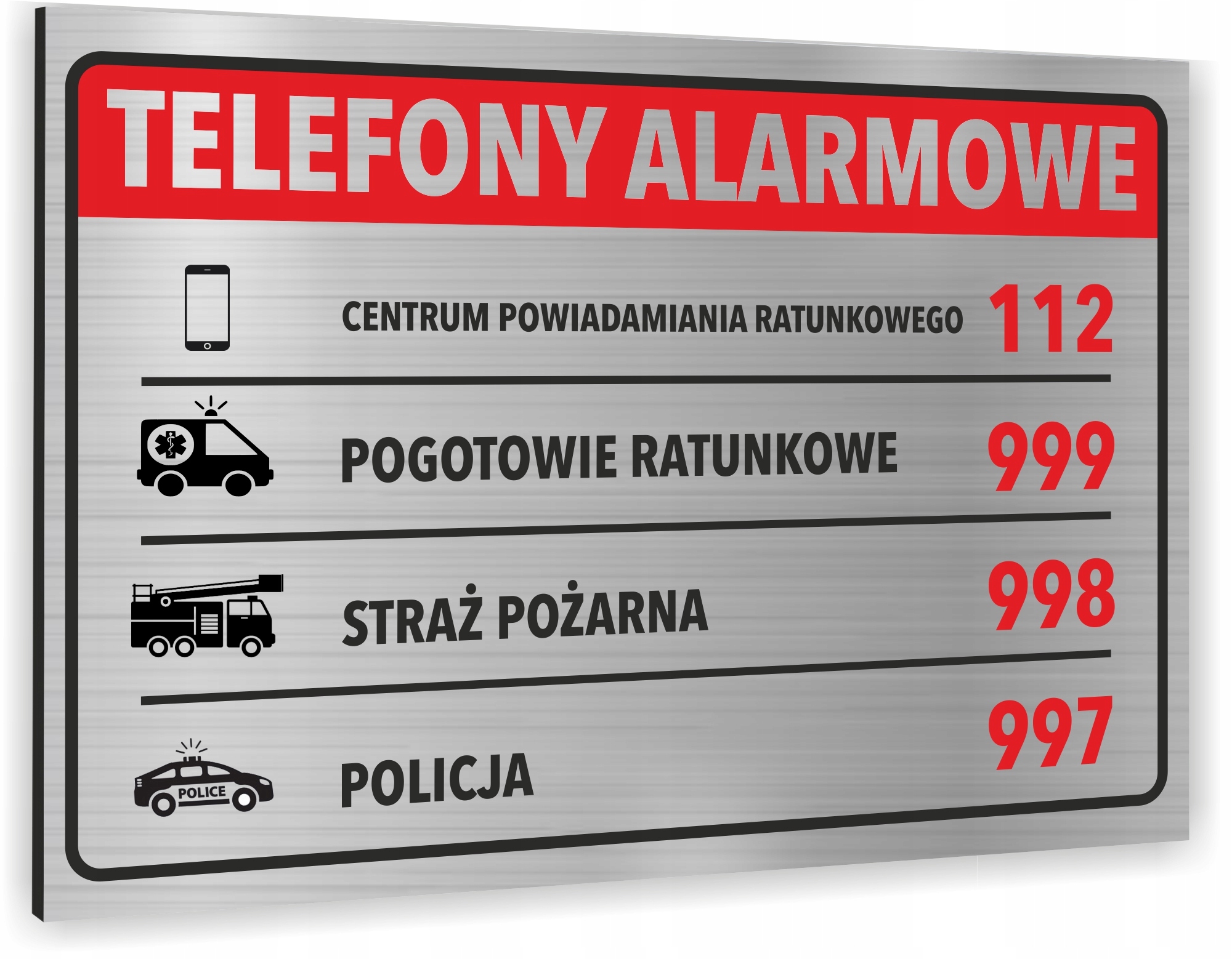 Tabliczka Telefony Alarmowe 20x15 Tablica informacyjna nierdzewna ALUMINIUM