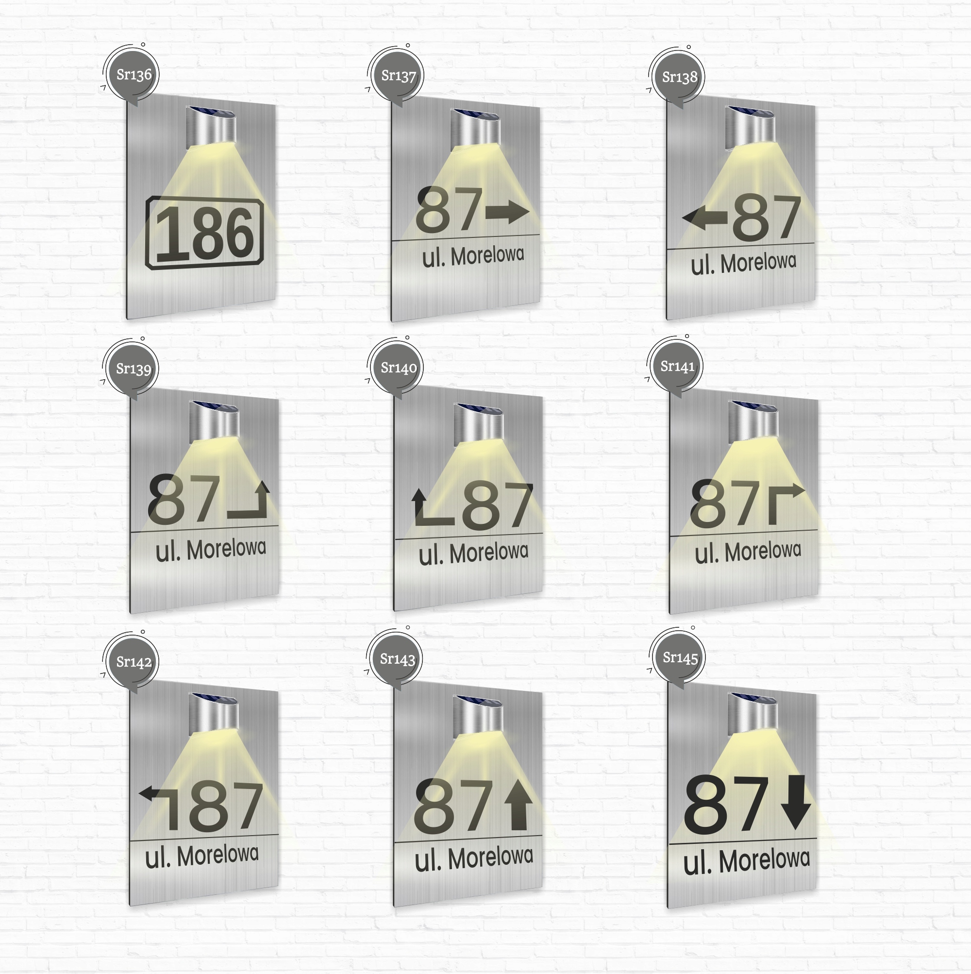 duża TABLICZKA ADRESOWA dibond srebrna adres strzałka 40x30 lampka solarna