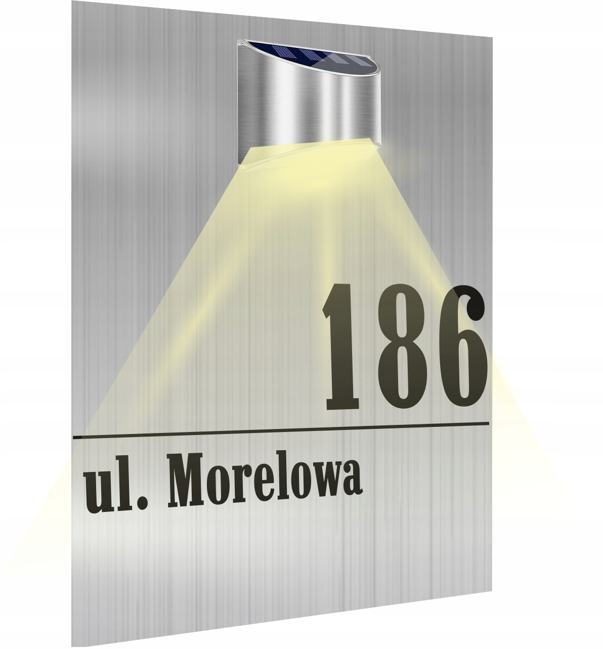 Tabliczka adresowa dibond srebrny numer i adres lampka solarna 30x20 cm