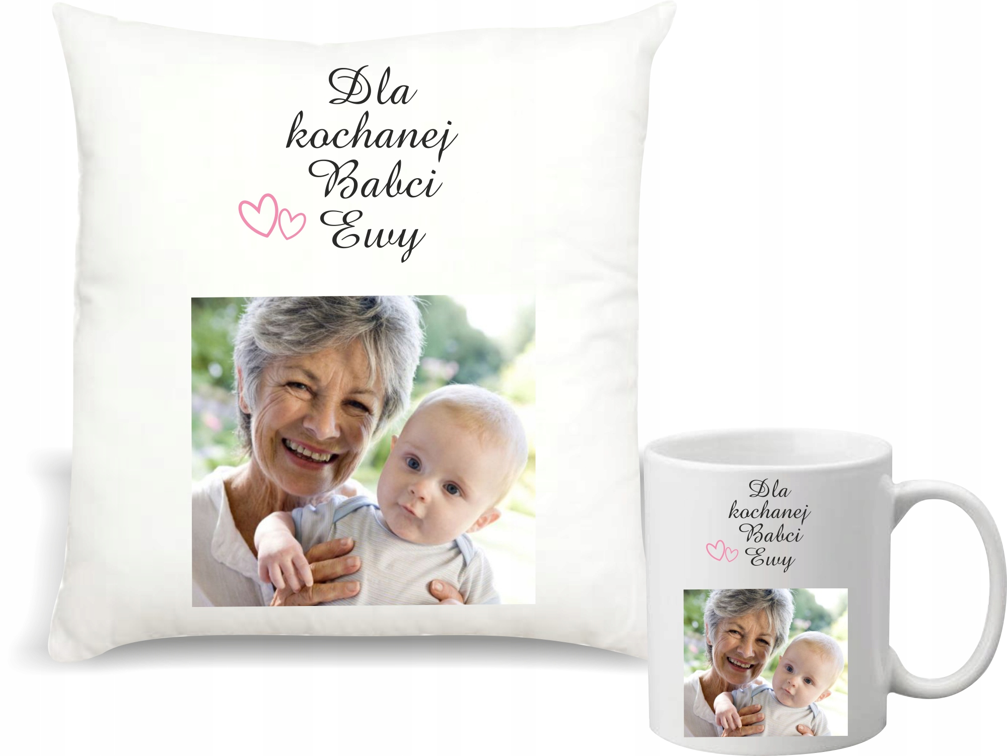 Zestaw PODUSZKA i KUBEK prezent DLA BABCI + zdjęcie twój napis IMIĘ
