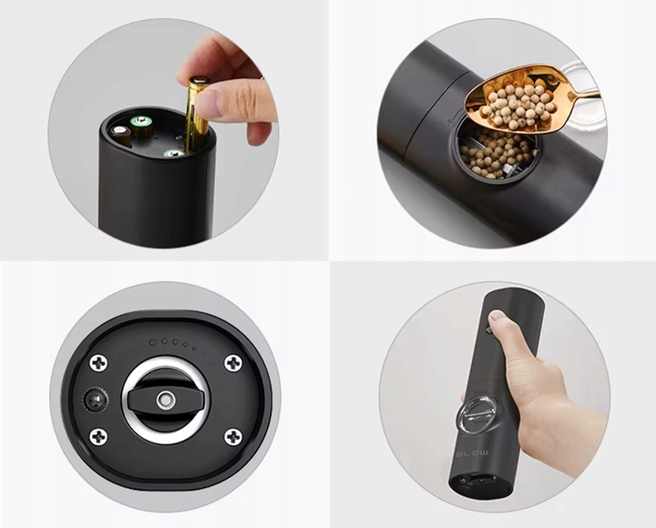 MŁYNEK DO PIEPRZU I SOLI PRZYPRAW ELEKTRYCZNY PODSTAWKA OKIENKO REGULACJA