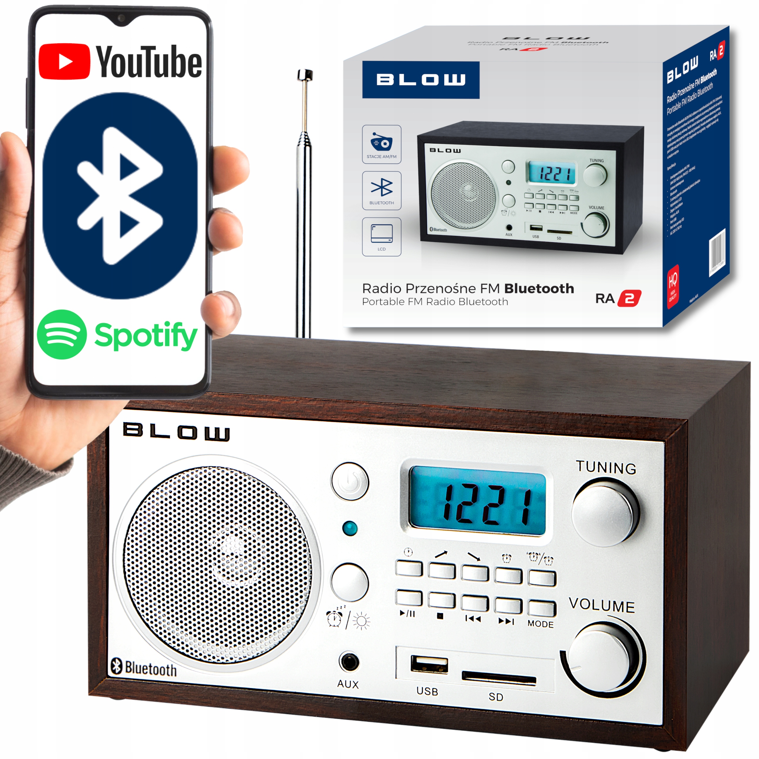 RADIO KUCHENNE BLUETOOTH PRZENOŚNE RETRO LCD ANTENA FM USB SD ZEGAR BUDZIK
