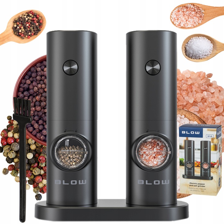 MŁYNEK DO PIEPRZU I SOLI PRZYPRAW ELEKTRYCZNY PODSTAWKA OKIENKO REGULACJA
