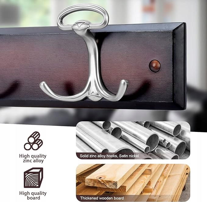 BOBLIUE Wieszak do montażu na ścianie z 6 srebrnymi haczykami orzech