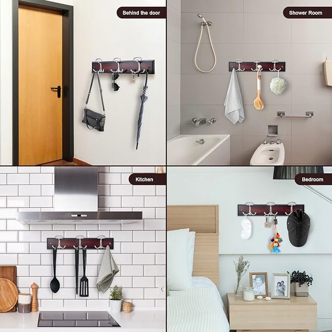 BOBLIUE Wieszak do montażu na ścianie z 6 srebrnymi haczykami orzech