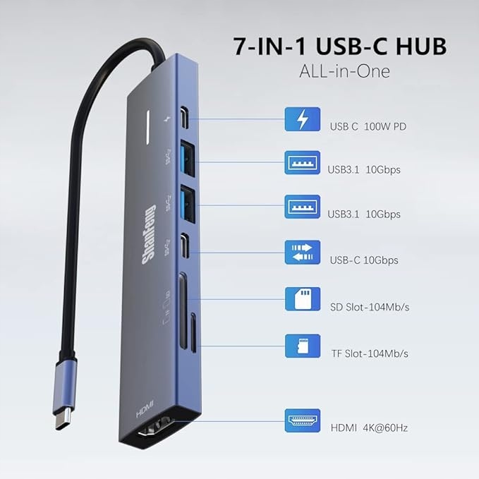 ShanFeng Hub USB C 4K 60 Hz, 7 w 1 adapter z HDMI, 100 W PD, 10 Gbps