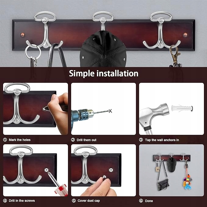 BOBLIUE Wieszak do montażu na ścianie z 6 srebrnymi haczykami orzech