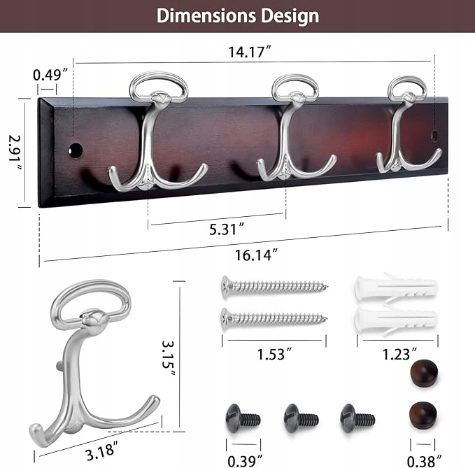 BOBLIUE Wieszak do montażu na ścianie z 6 srebrnymi haczykami orzech