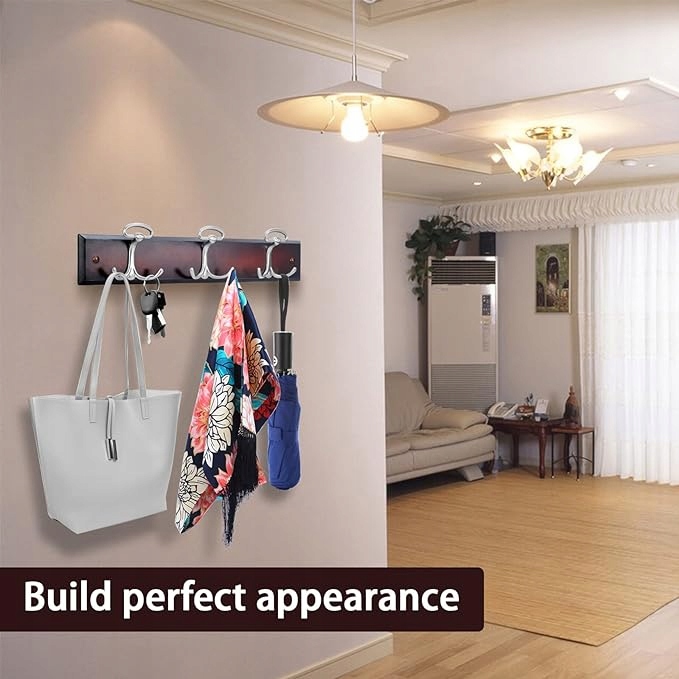 BOBLIUE Wieszak do montażu na ścianie z 6 srebrnymi haczykami orzech