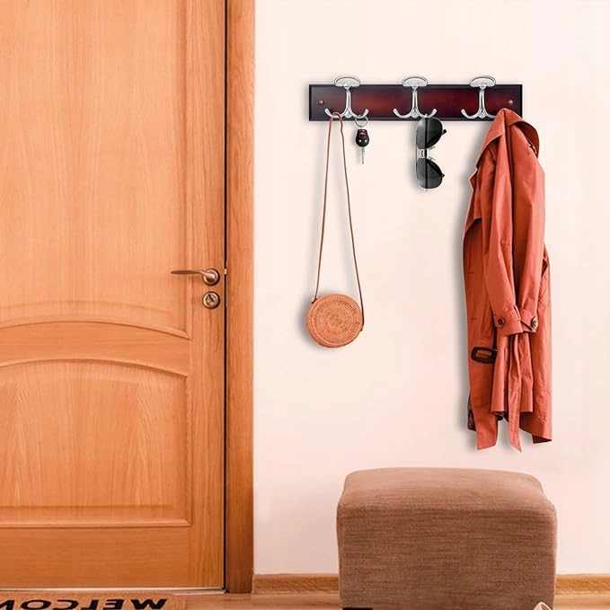 BOBLIUE Wieszak do montażu na ścianie z 6 srebrnymi haczykami orzech