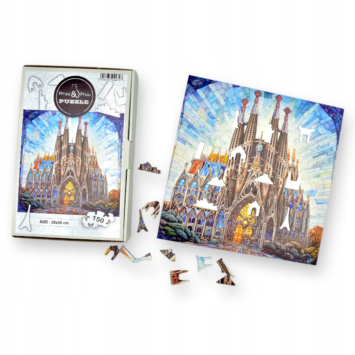 puzzle sagrada familia 150 elementów, puzzle drewniane, mruu&pruu puzzle, sagrada familia, kolorowe puzzle sagrada familia, witraż
