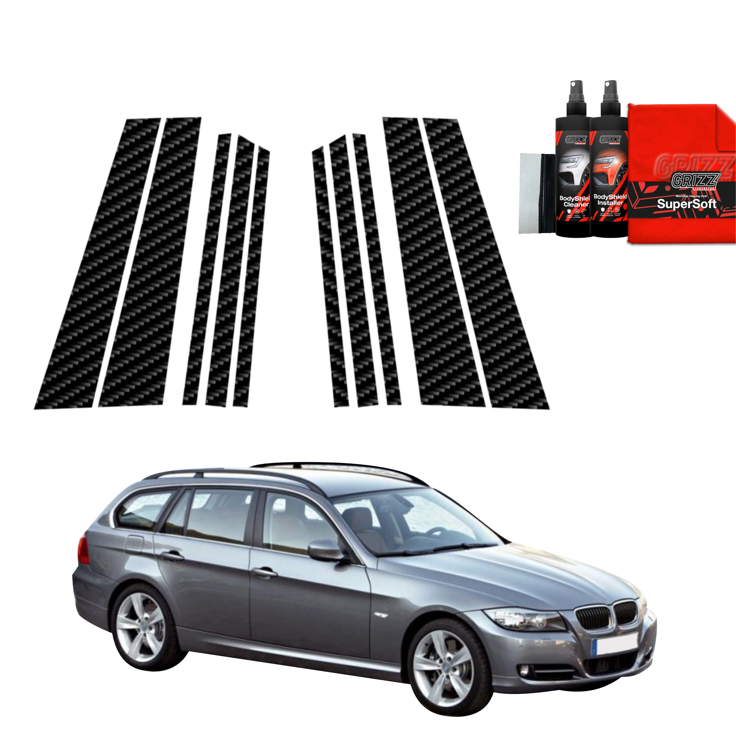 GrizzProtector 10in1 Carbon protective film for B-C-pillar BMW 3 E91 Kombi LCI (2008-2012) on white background.