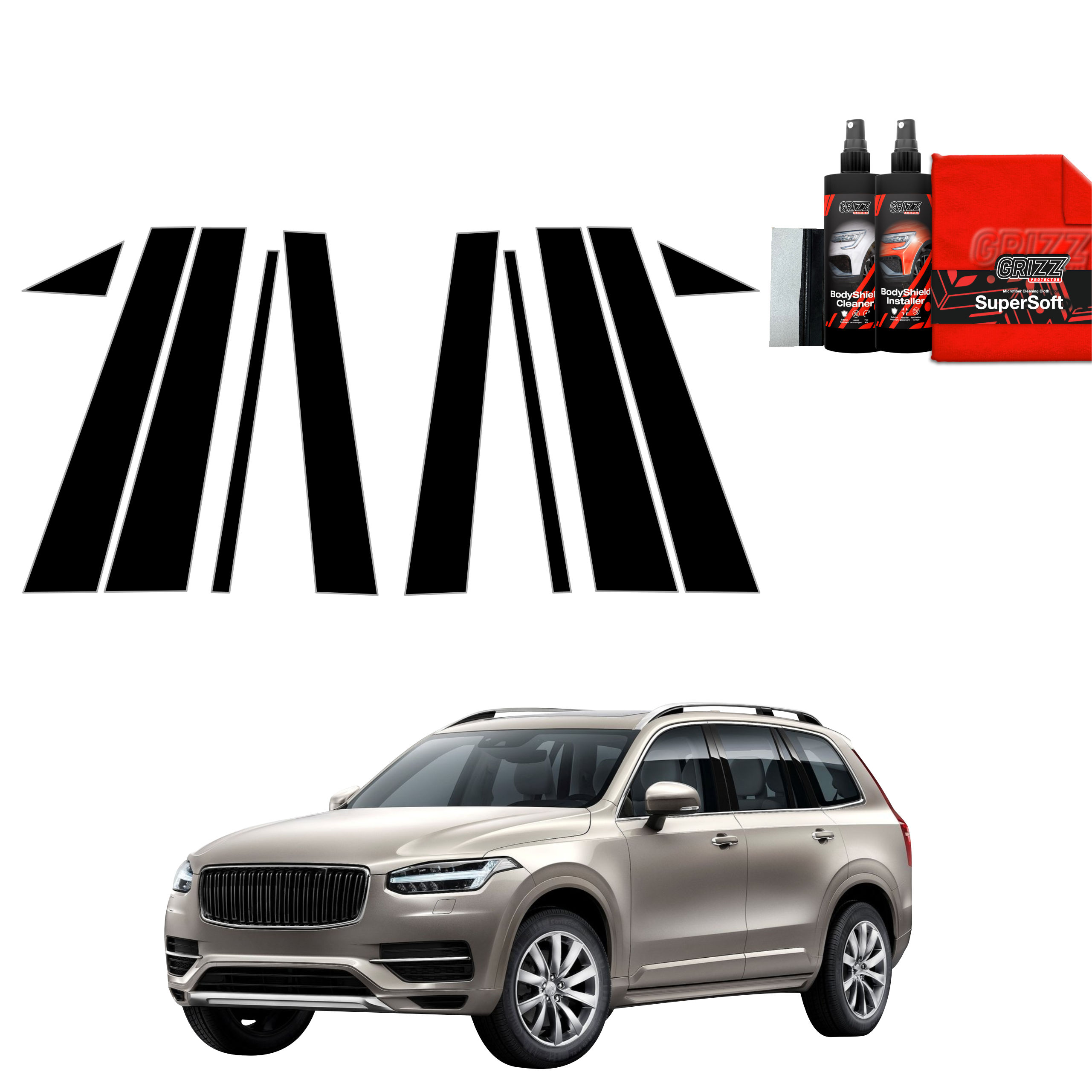 GrizzProtector 10in1 zwarte beschermfolie voor Volvo XC90 (2015-2020) op witte achtergrond.