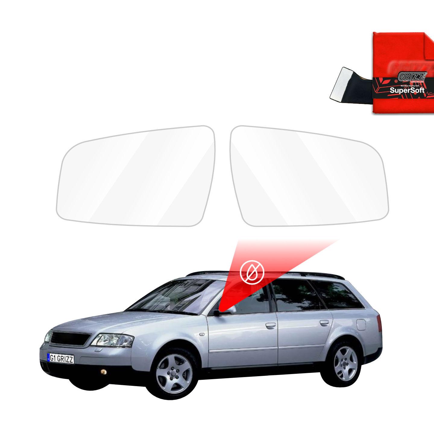 A pair of GrizzProtector Regenschutzfolie for Audi A6 C5 Avant mirrors (1998-2004) shown with cleaning cloth on white.