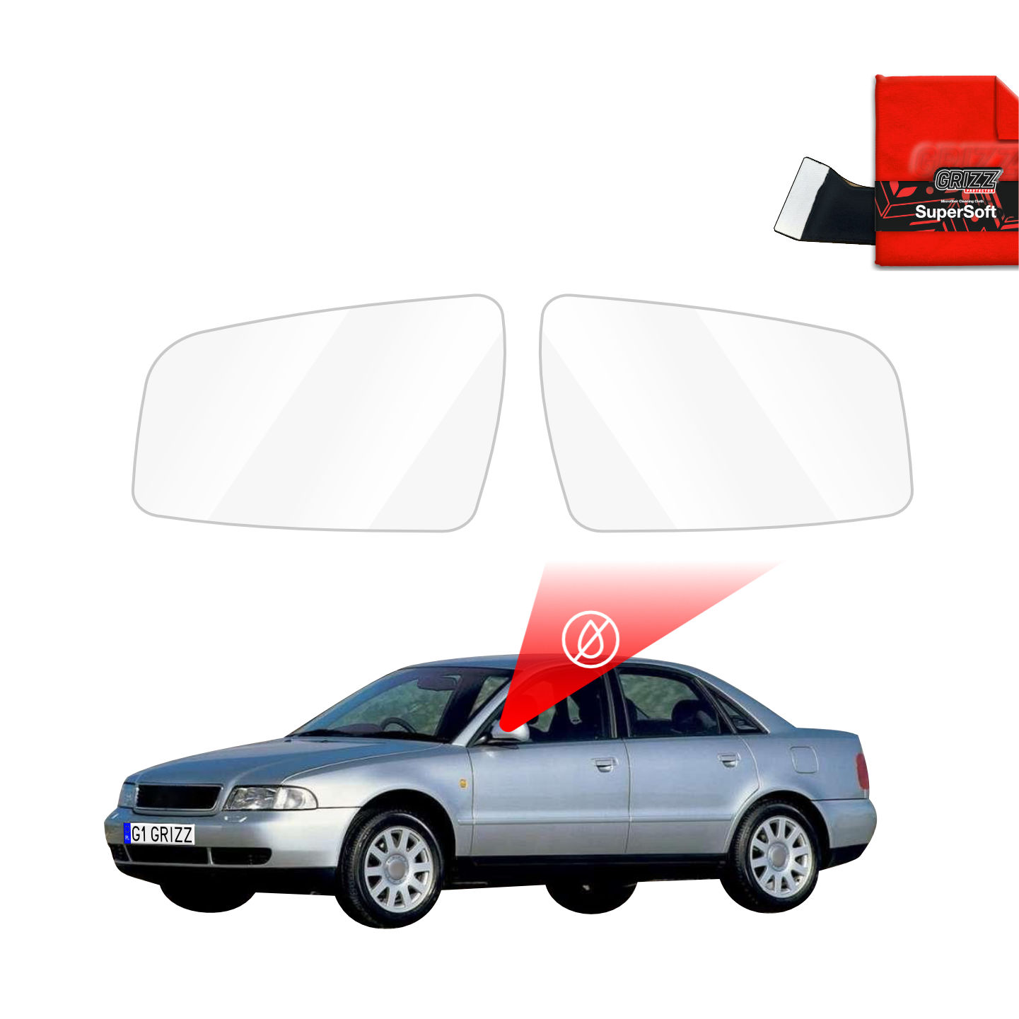 Includes two GrizzProtector Regenschutzfolie for Audi A4 B5 (1994-2001), cleaning cloth, and warning graphic.