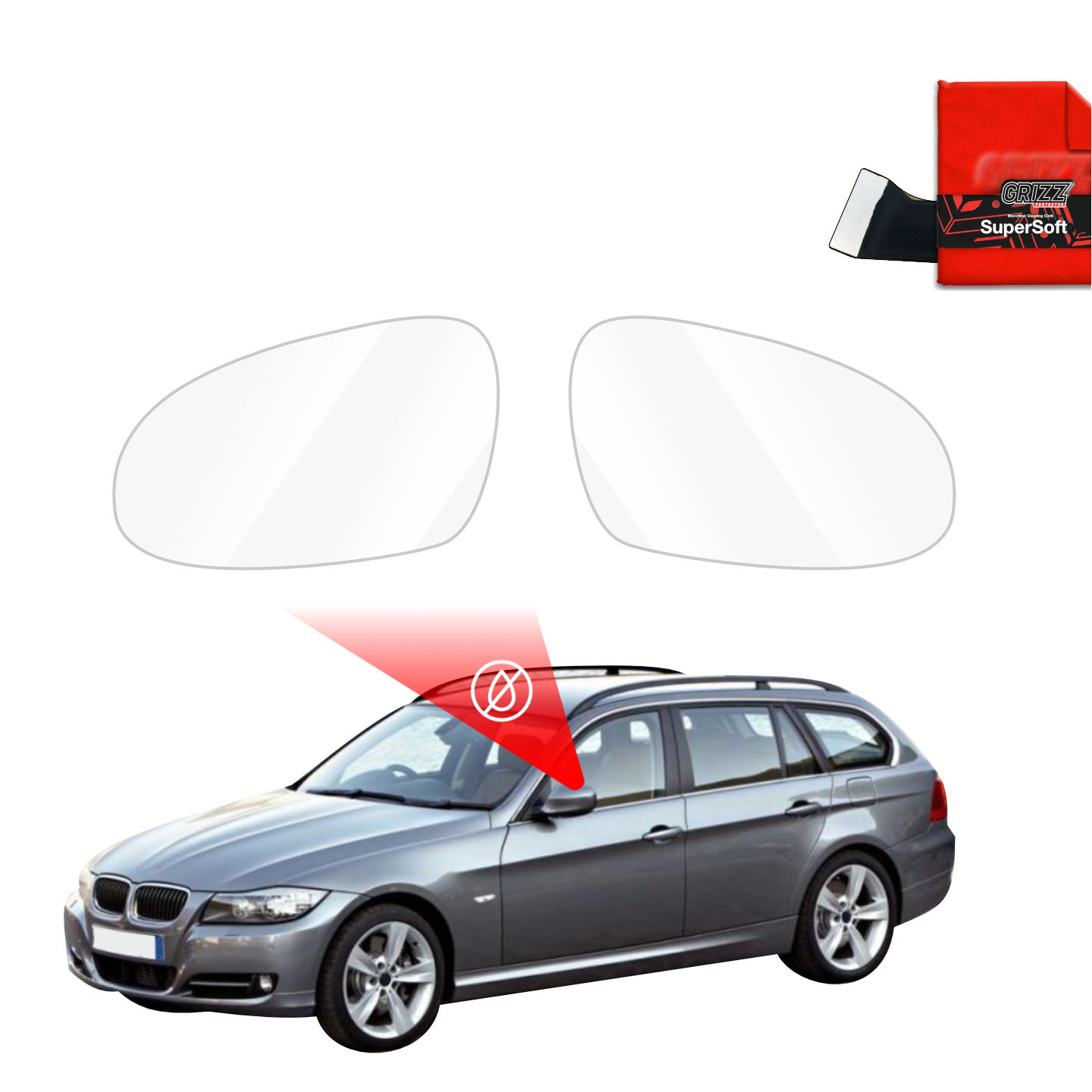 GrizzProtector Regenschutzfolie for BMW 3 E91 Kombi LCI (2008-2012), two mirrors, red cloth, gray wagon shown.