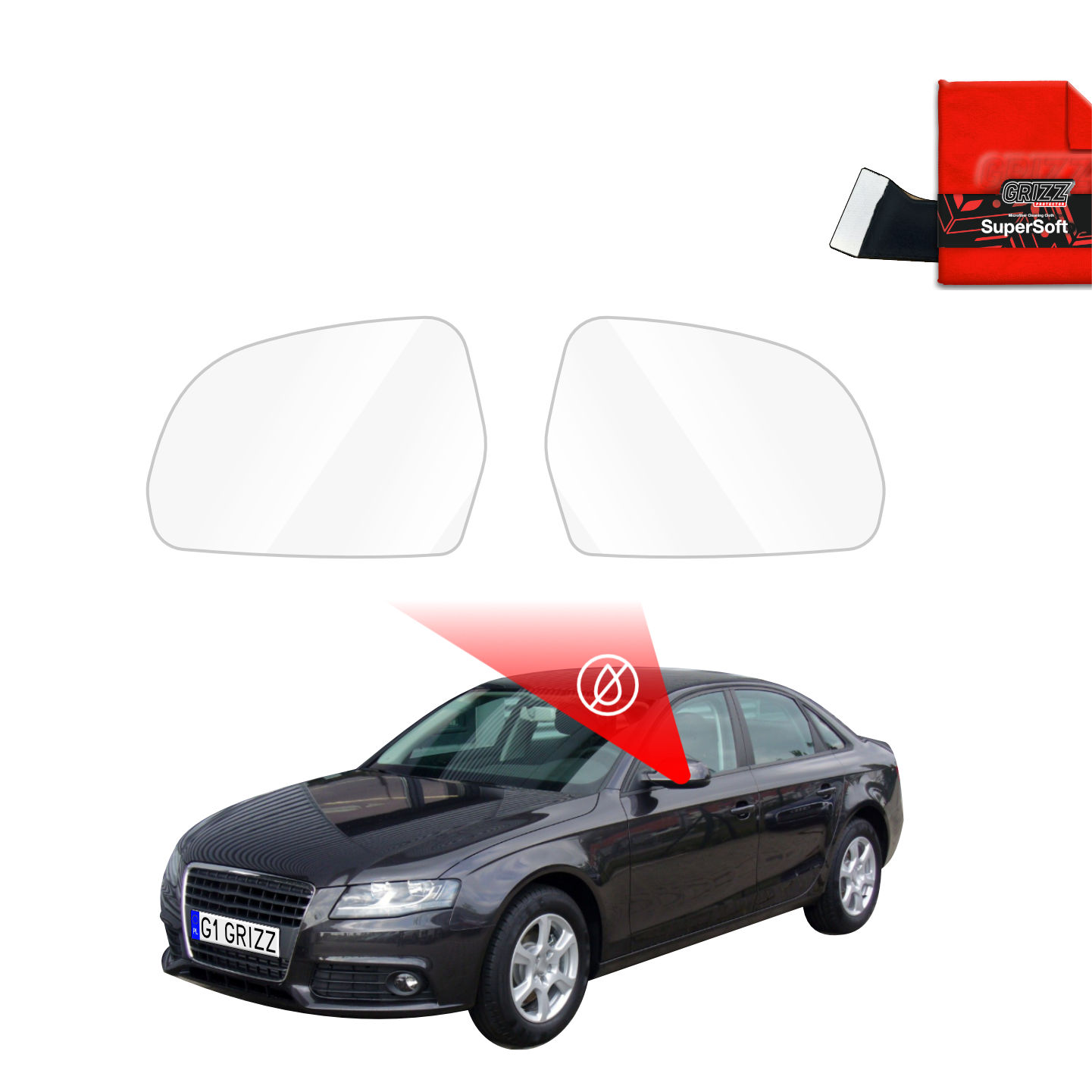 Two GrizzProtector Regenschutzfolie for Audi A4 B8 Sedan (2007-2011) side mirrors above a black car, red case shown.