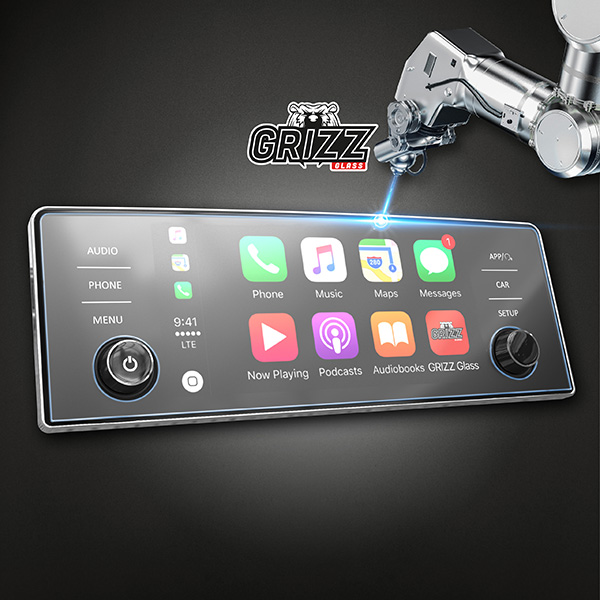 A robotic arm touches a car dash with app icons and the GrizzProtector 2in1 Matte Anti-Fingerprint film for Opel Frontera.