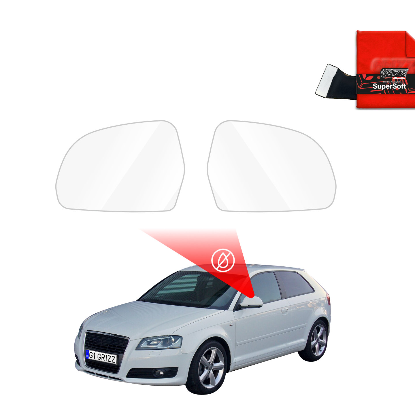 Two GrizzProtector Regenschutzfolien for Audi A3 8P (2003-2008) 3D Hatchback mirrors, shown above a white car with cloth.
