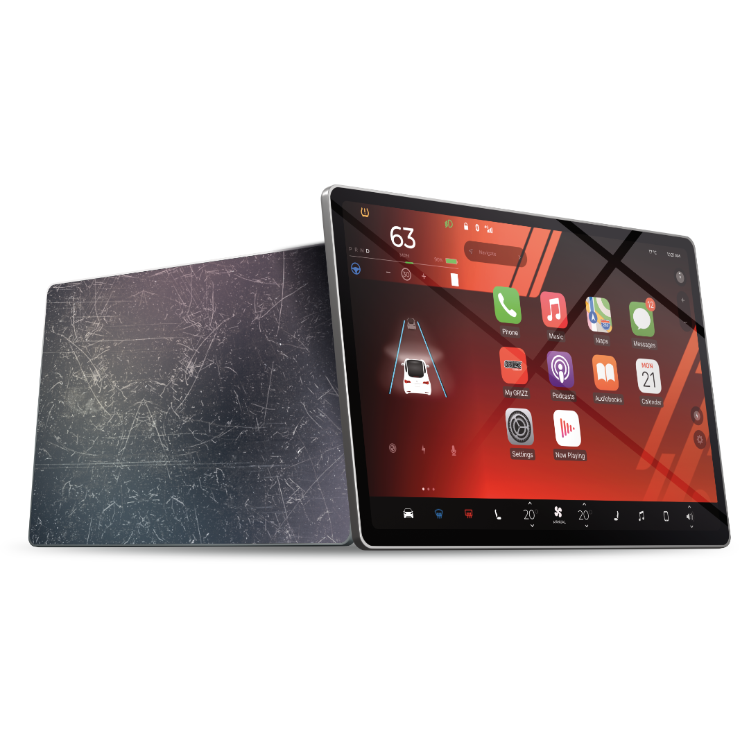 Una tableta con una pantalla de coche vibrante y otra con arañazos—mostrando por qué necesitas GrizzProtector Displayschutzfolie para Leapmotor B10 14,6".