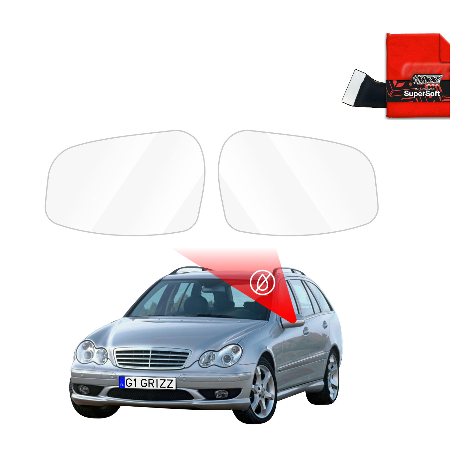 A silver Mercedes Benz C Klasa S203 with two GrizzProtector mirror covers and a red microfiber cloth at the top right.
